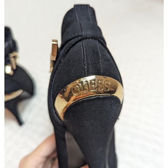 Guess Black Heel Booties Suede Ankle Boots Booties Stiletto Gold Logo Buckle 6.5 - Picture 3 of 9